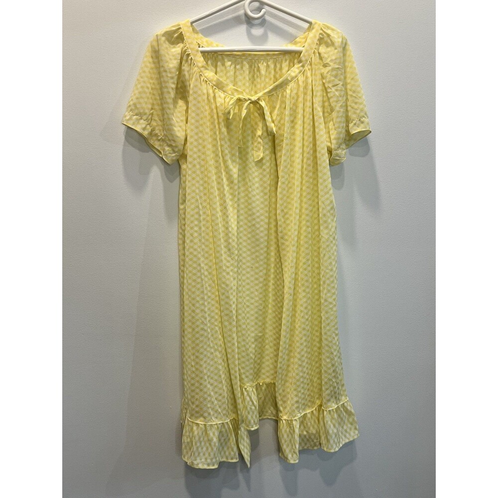 Vintage Elegant Yellow Gingham Nightgown House Robe Puff Sleeve Med-Large